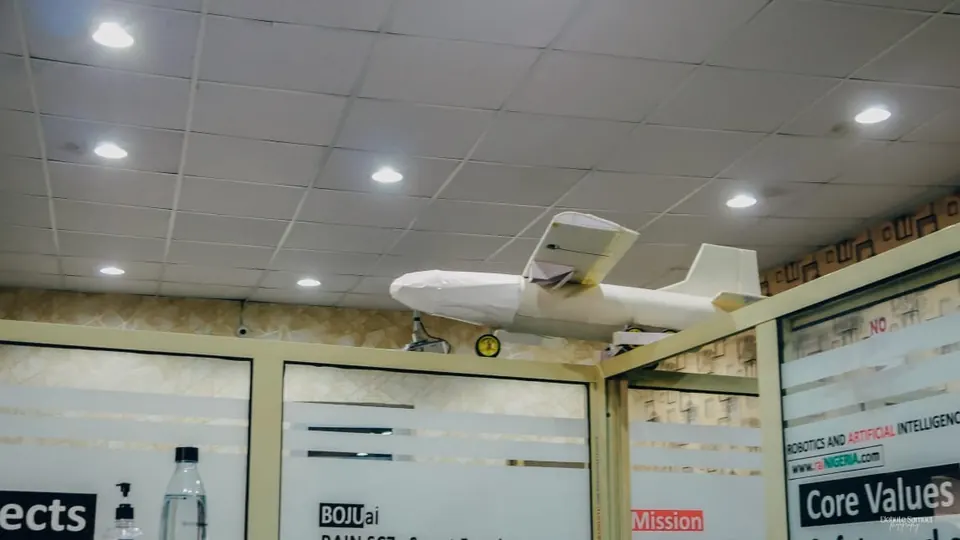 A fixed-wing drone in the RAIN office