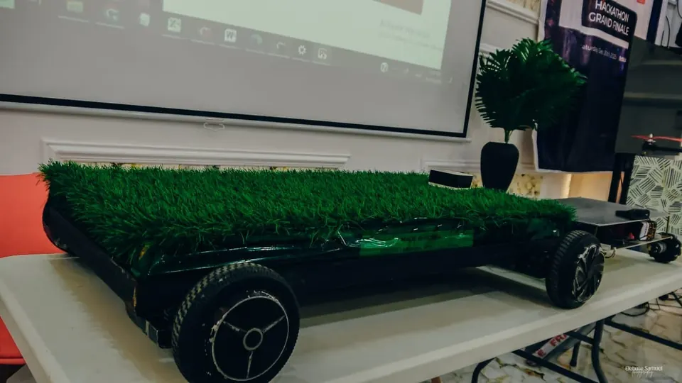 A grass-covered robotic rover built at RAIN